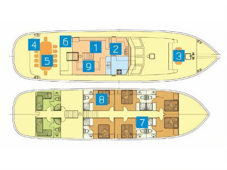 Layout of AURUM gulet or cruiser with 6 cabins Croatia yacht charter