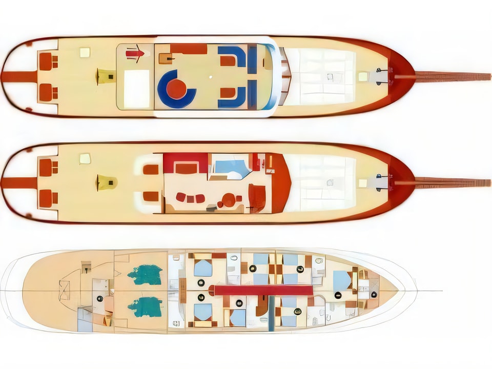 Layout of BARBA gulet or cruiser with 6 cabins Croatia yacht charter