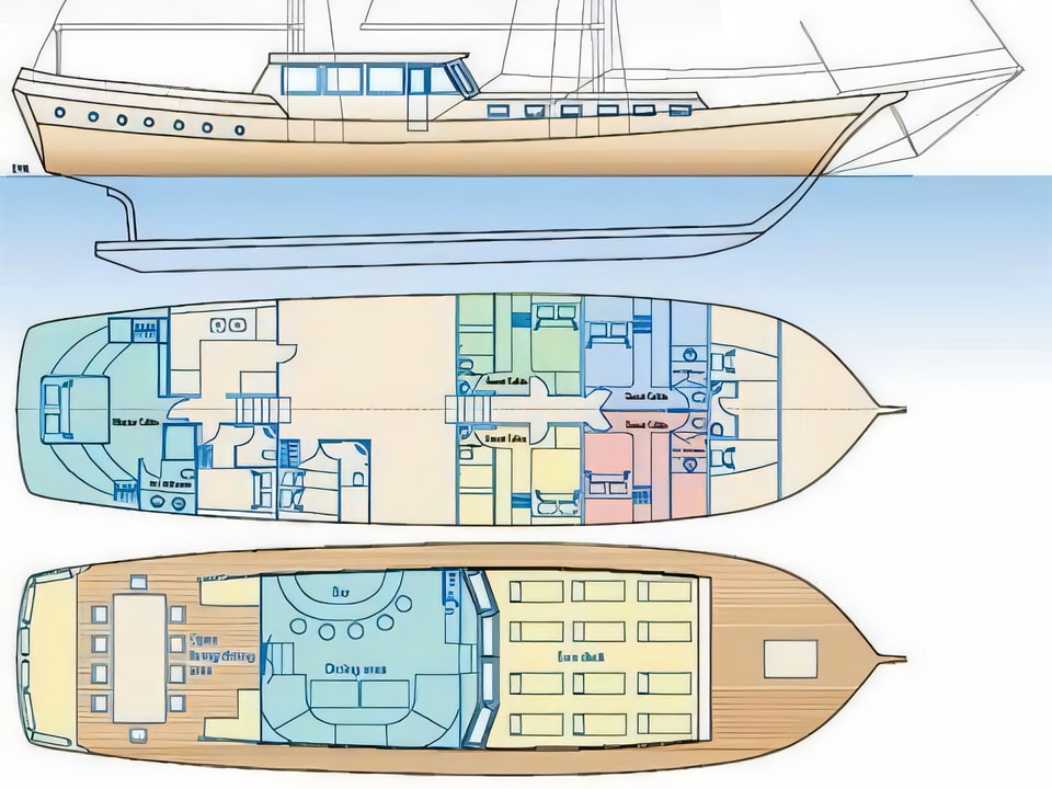 Layout of ELEGANZA gulet or cruiser with 5 cabins Croatia yacht charter