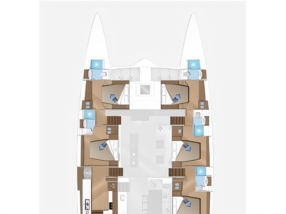 Layout of Lagoon 620 catamaran with 7 cabins Croatia yacht charter