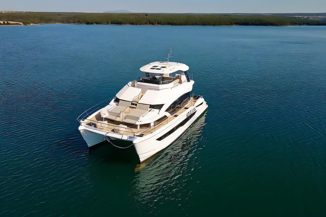 Exterior overview of Aquila 54 power catamaran for charter from Zaton Sibenski in the Sibenik sailing area Croatia