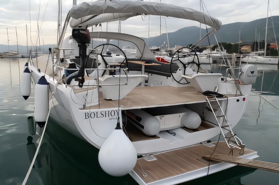 Exterior overview of Hanse 575 sail boat for charter from Kastela Gomilica Marina in the Sibenik sailing area Croatia