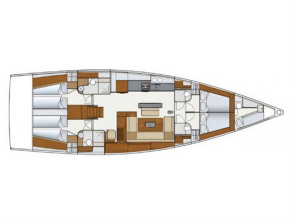 Layout of Hanse 575 sail boat with 5 cabins Croatia yacht charter