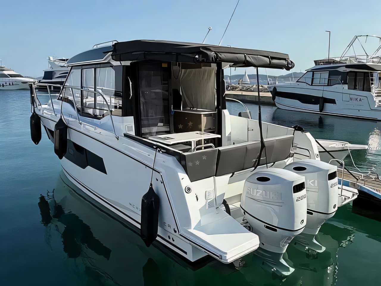 Exterior overview of Merry Fisher 895 Serie 2 motor boat for charter from Zadar Marina Borik in the Kornati sailing area Croatia