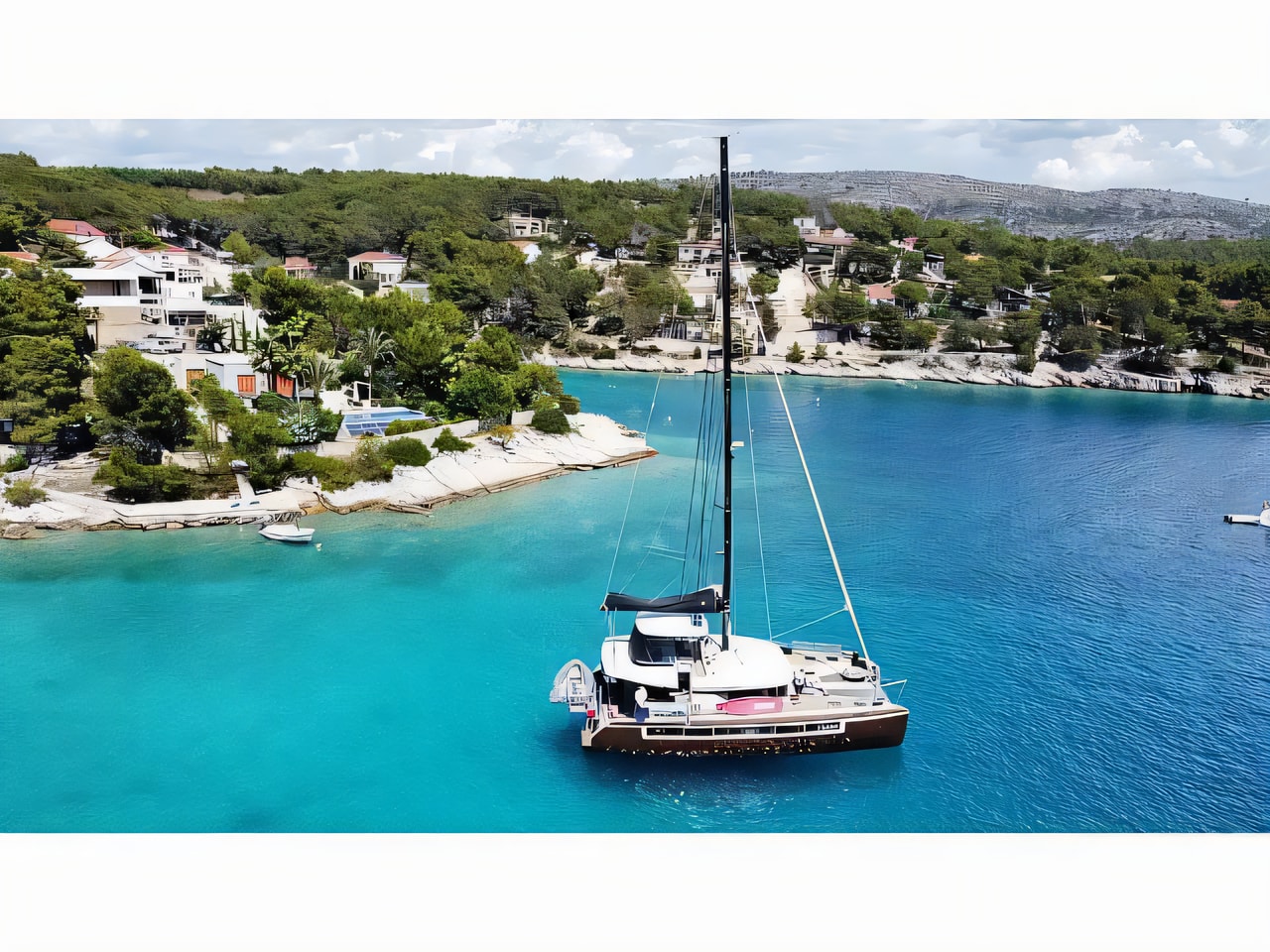 Exterior overview of Lagoon 50 catamaran for charter from Kastela Gomilica Marina in the Split sailing area Croatia