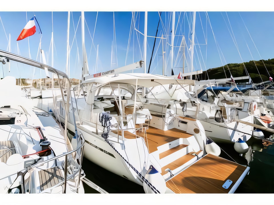 Exterior overview of Bavaria 46 Cruiser sail boat for charter from Pula Tehnomont Marina Veruda in the Istria / Kvarner sailing area Croatia