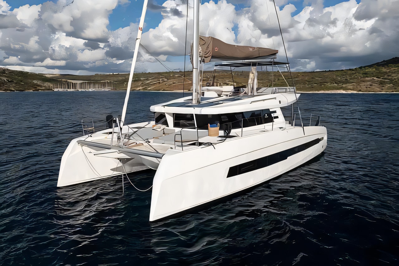 Exterior overview of Cervetti 44 catamaran for charter from Primosten Marina Kremik in the Kornati sailing area Croatia