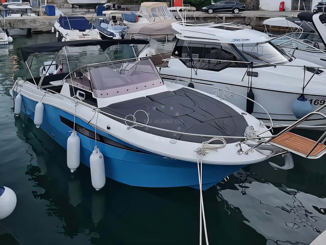 Exterior overview of Atlantic Marine Sun Cruiser 730 motor boat for charter from Opatija Marina Admiral in the Istria / Kvarner sailing area Croatia