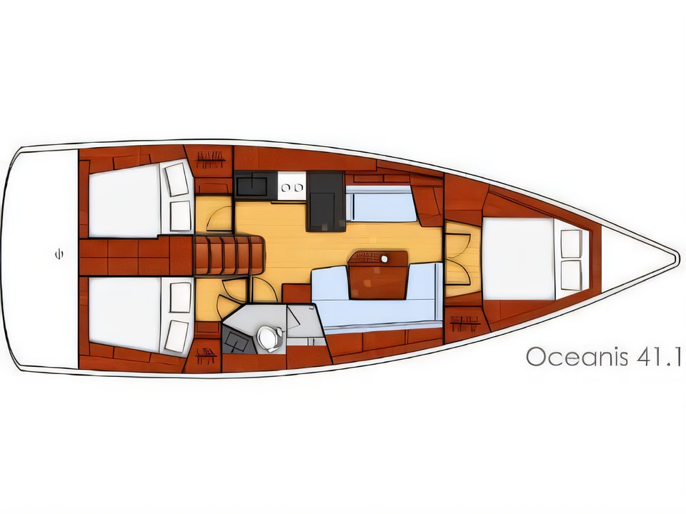 Layout of Oceanis 41.1 sail boat with 3 cabins Croatia yacht charter