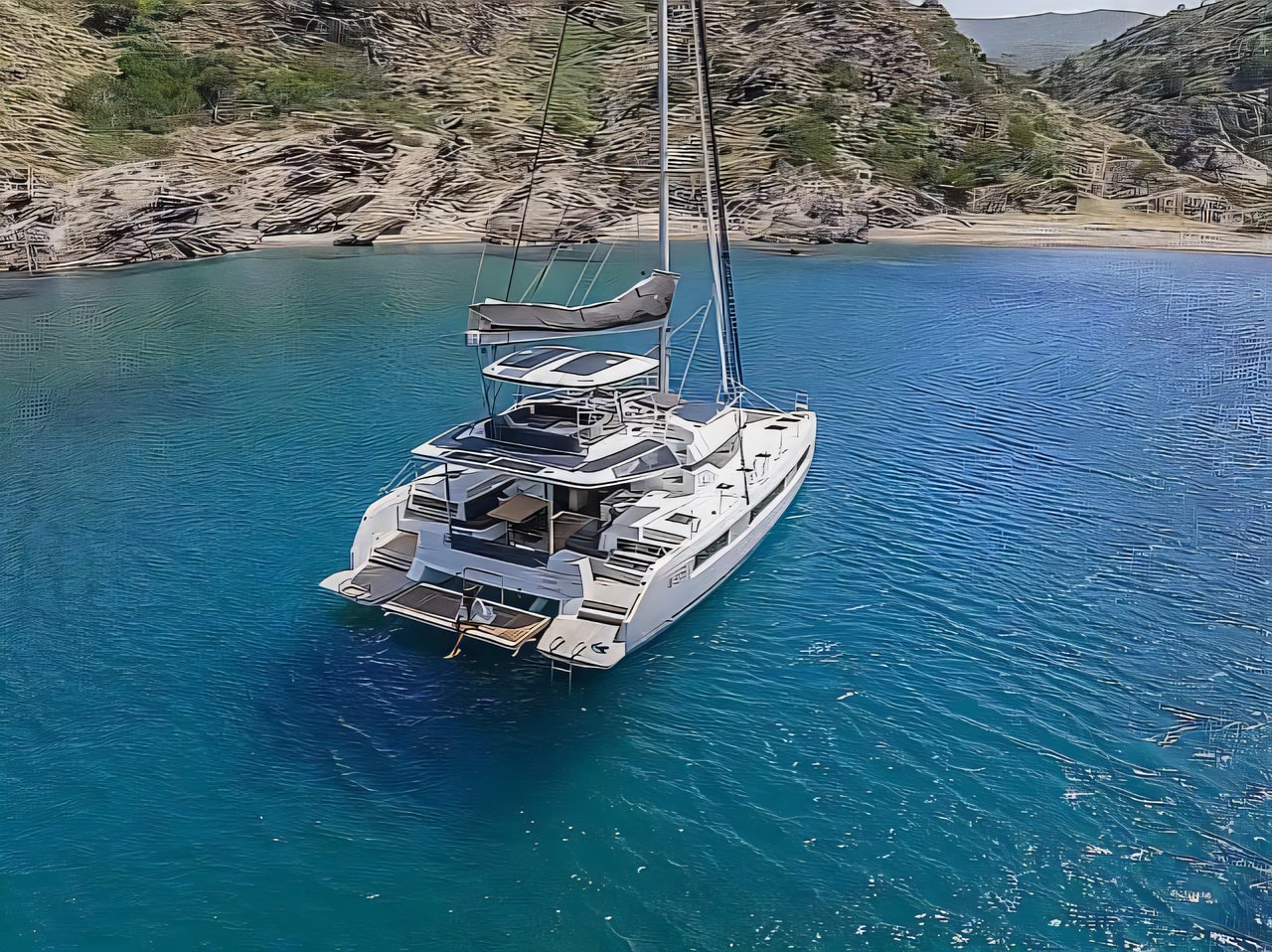 Exterior overview of Lagoon 51 catamaran for charter from SCT Marina Trogir in the Split sailing area Croatia