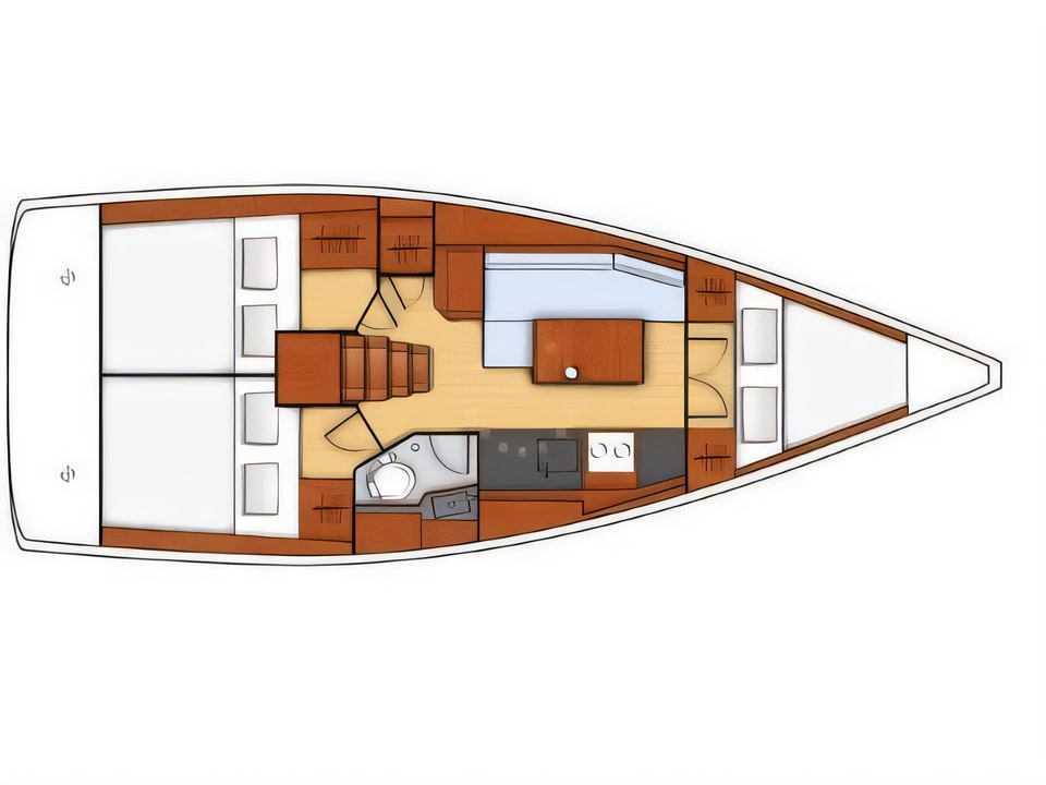 Layout of Oceanis 38.1 sail boat with 3 cabins Croatia yacht charter
