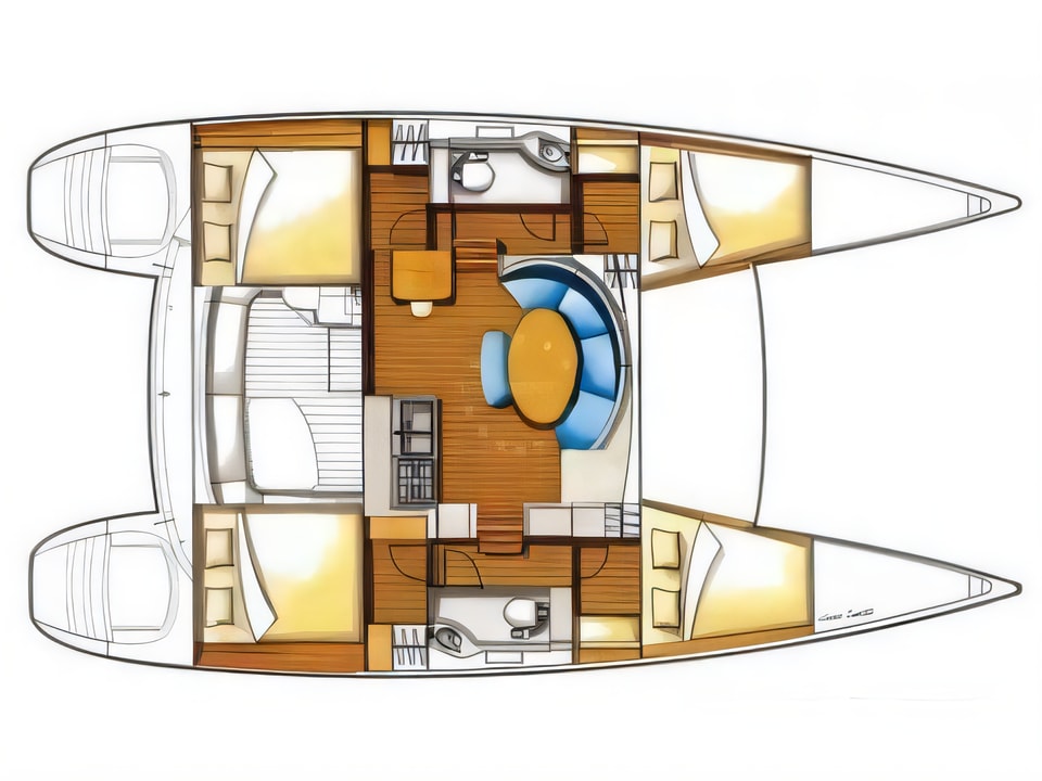 Layout of Lagoon 380 S2 (4+2 cab) catamaran with 6 cabins Croatia yacht charter