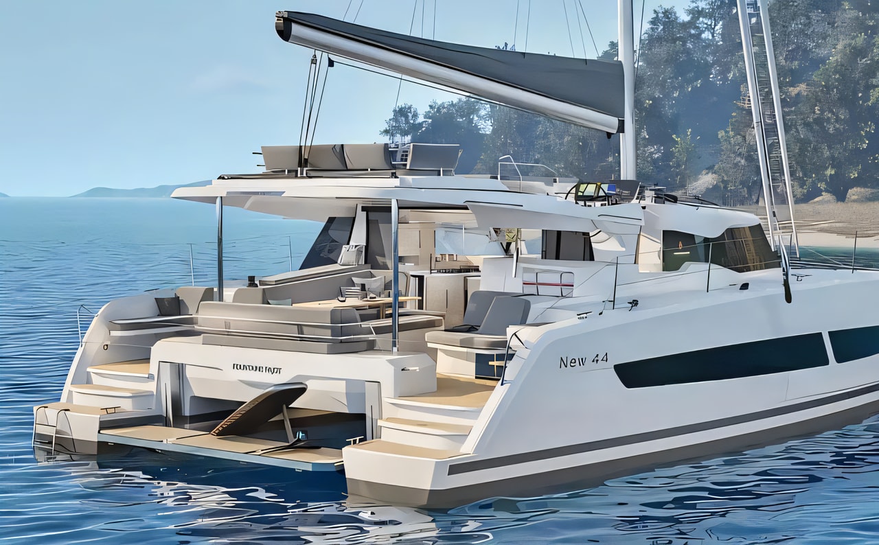 Exterior overview of Fountaine Pajot New 44 catamaran for charter from Pula Tehnomont Marina Veruda in the Istria / Kvarner sailing area Croatia