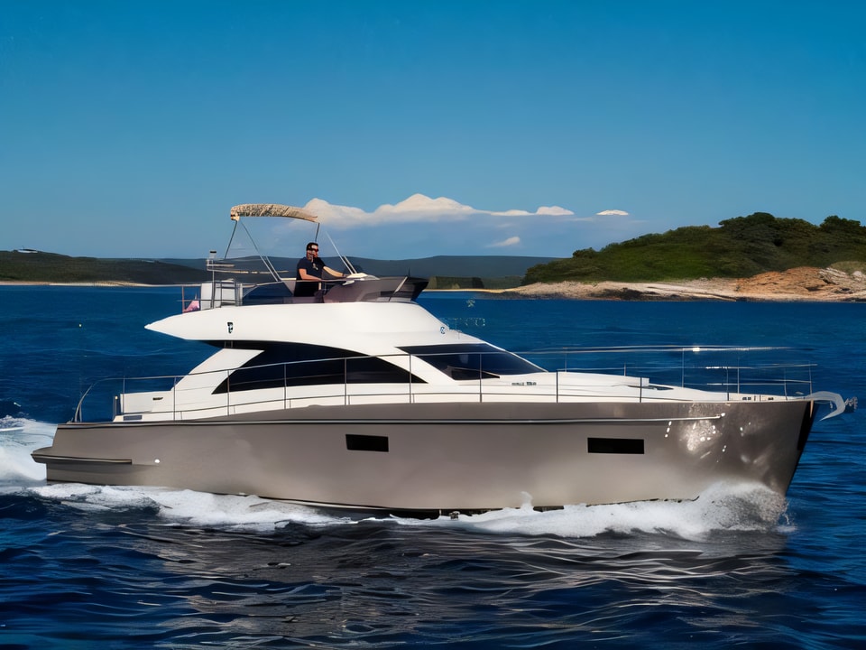 Exterior overview of Cyrus 13.8 Flybridge motoryacht for charter from Rovinj ACI Marina in the Istria / Kvarner sailing area Croatia