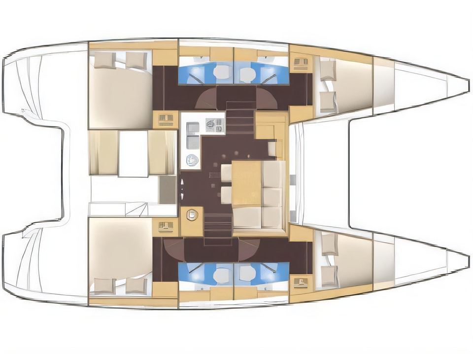Layout of Lagoon 39 catamaran with 6 cabins Croatia yacht charter