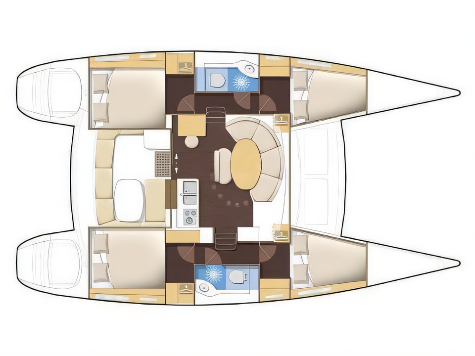 Layout of Lagoon 380 catamaran with 4 cabins Croatia yacht charter