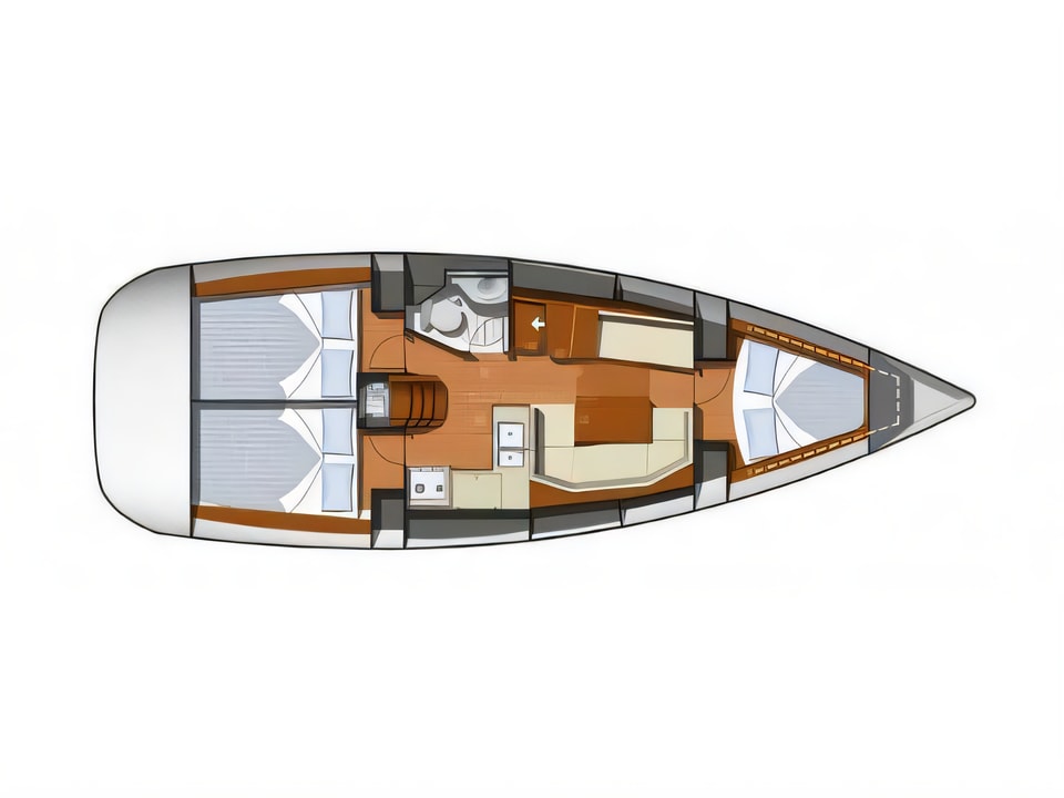 Layout of Sun Odyssey 36i sail boat with 3 cabins Croatia yacht charter