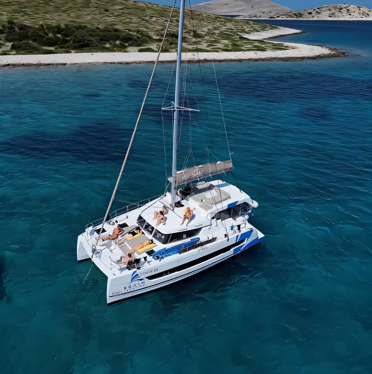 Exterior overview of Bali Catspace catamaran for charter from Seget Donji Marina Baotic in the Split sailing area Croatia