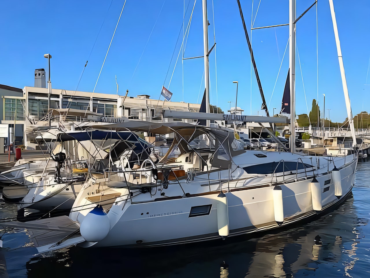 Exterior overview of Elan Impression 45 sail boat for charter from Zadar Marina in the Kornati sailing area Croatia
