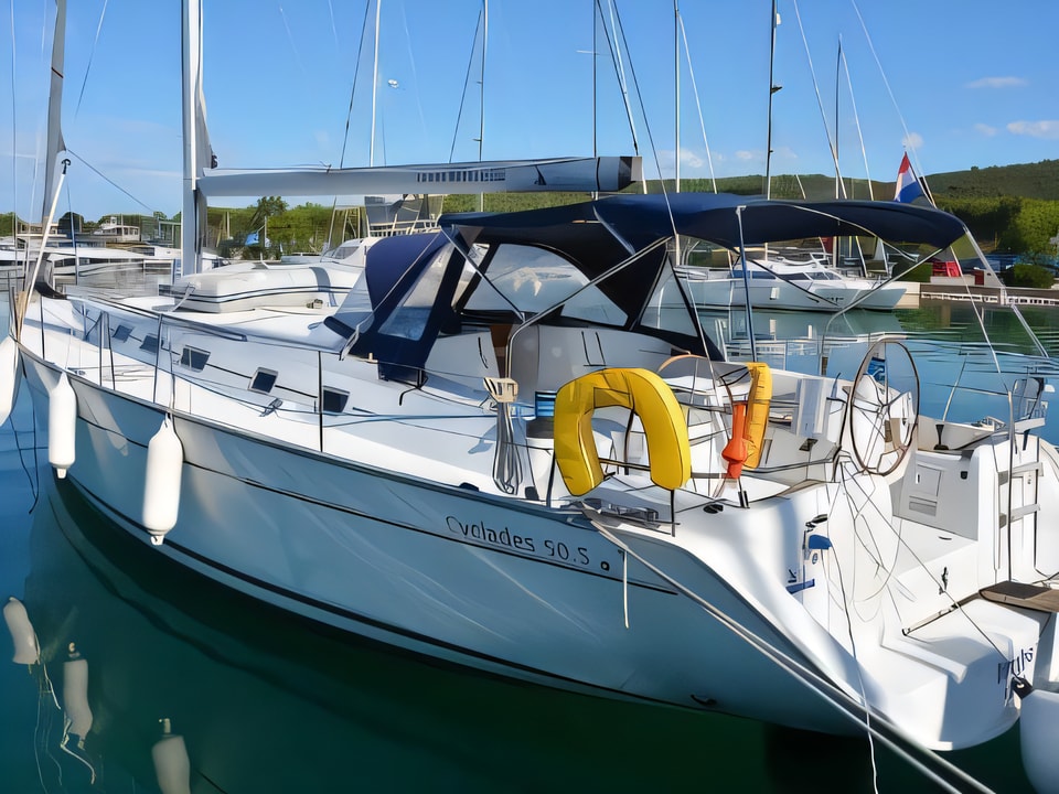Exterior overview of Cyclades 50.5 sail boat for charter from Sukosan Marina Dalmacija in the Zadar sailing area Croatia