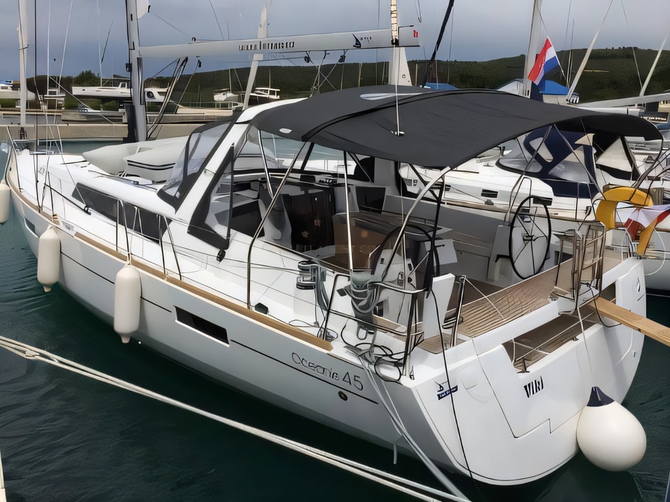 Exterior overview of Oceanis 45 V sail boat for charter from Sukosan Marina Dalmacija in the Zadar sailing area Croatia