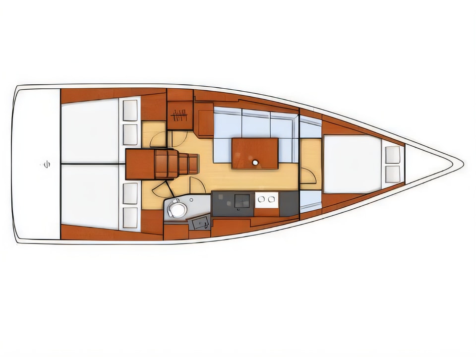 Layout of Oceanis 38 sail boat with 3 cabins Croatia yacht charter