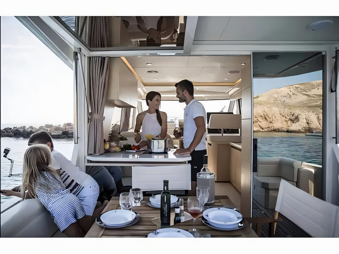 Layout of Greenline 39 motor boat with 2 cabins Croatia yacht charter
