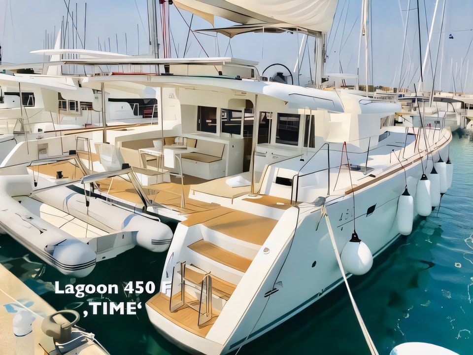 Exterior overview of Lagoon 450 F catamaran for charter from Sukosan Marina Dalmacija in the Zadar sailing area Croatia