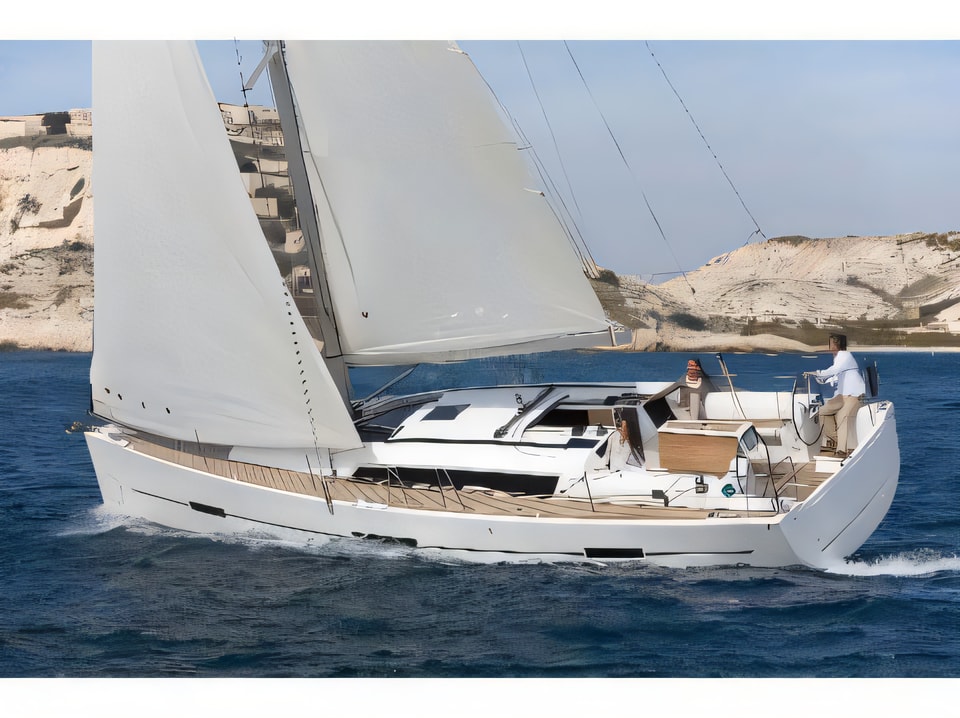 Exterior overview of Dufour 410 (3c-1h) sail boat for charter from Pula Tehnomont Marina Veruda in the Istria / Kvarner sailing area Croatia