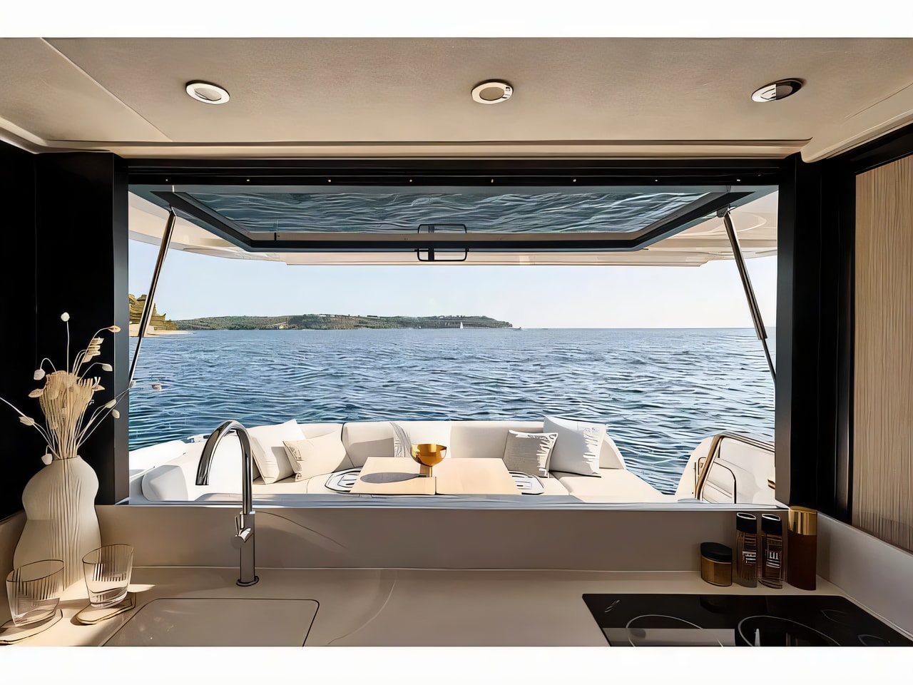 Layout of Prestige F4.3 motor boat with 2 cabins Croatia yacht charter