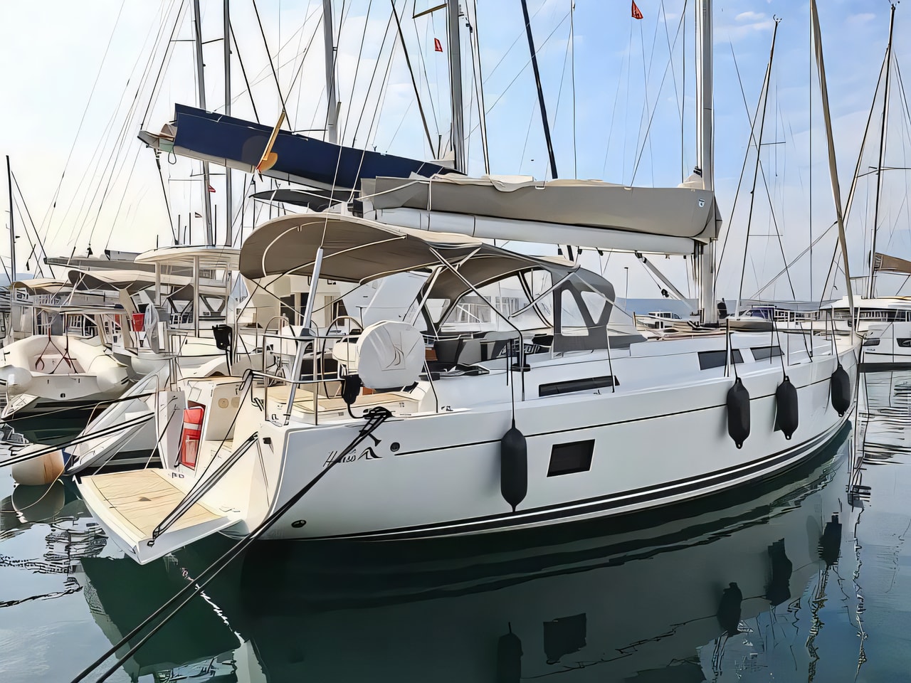 Exterior overview of Hanse 458 sail boat for charter from Sibenik Marina Mandalina in the Kornati sailing area Croatia