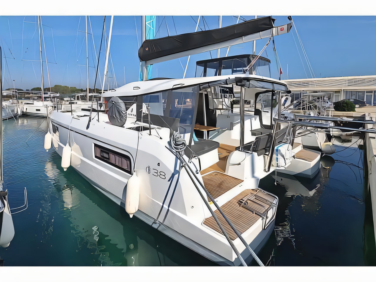 Exterior overview of Lagoon 38 OWNER VERSION catamaran for charter from Sukosan Marina Dalmacija in the Kornati sailing area Croatia