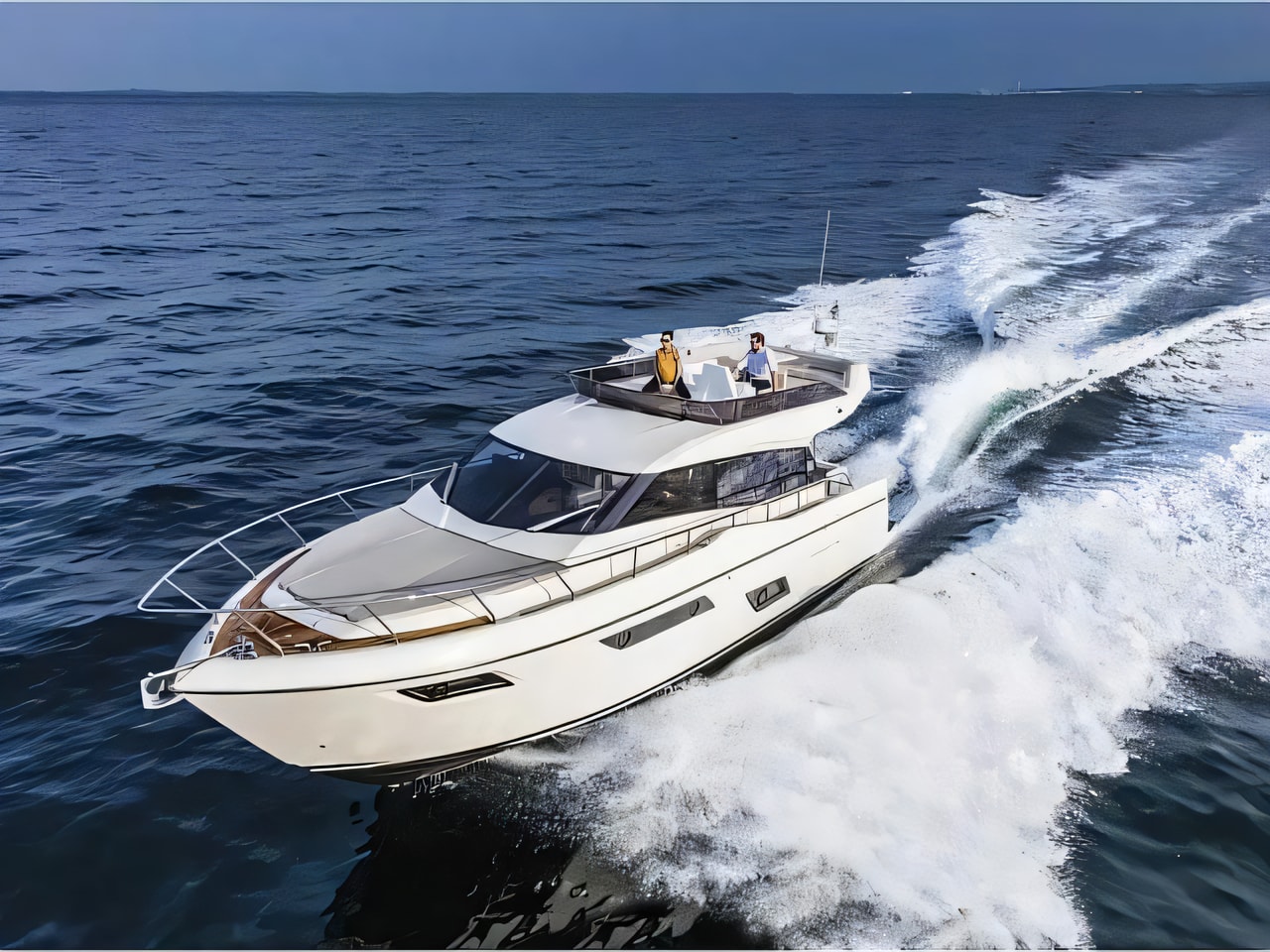 Exterior overview of Ferretti 450 motor boat for charter from Sibenik Marina Mandalina in the Kornati sailing area Croatia