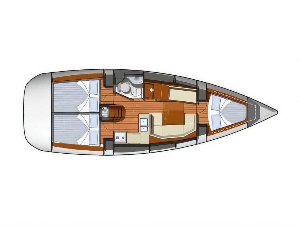 Layout of Sun Odyssey 36i sail boat with 3 cabins Croatia yacht charter