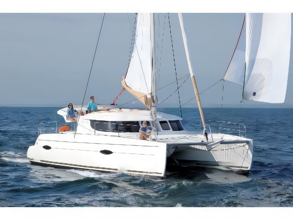 Exterior overview of Lipari 41 (4 dbl, 2sgl) catamaran for charter from Kastela Gomilica Marina in the Sibenik sailing area Croatia