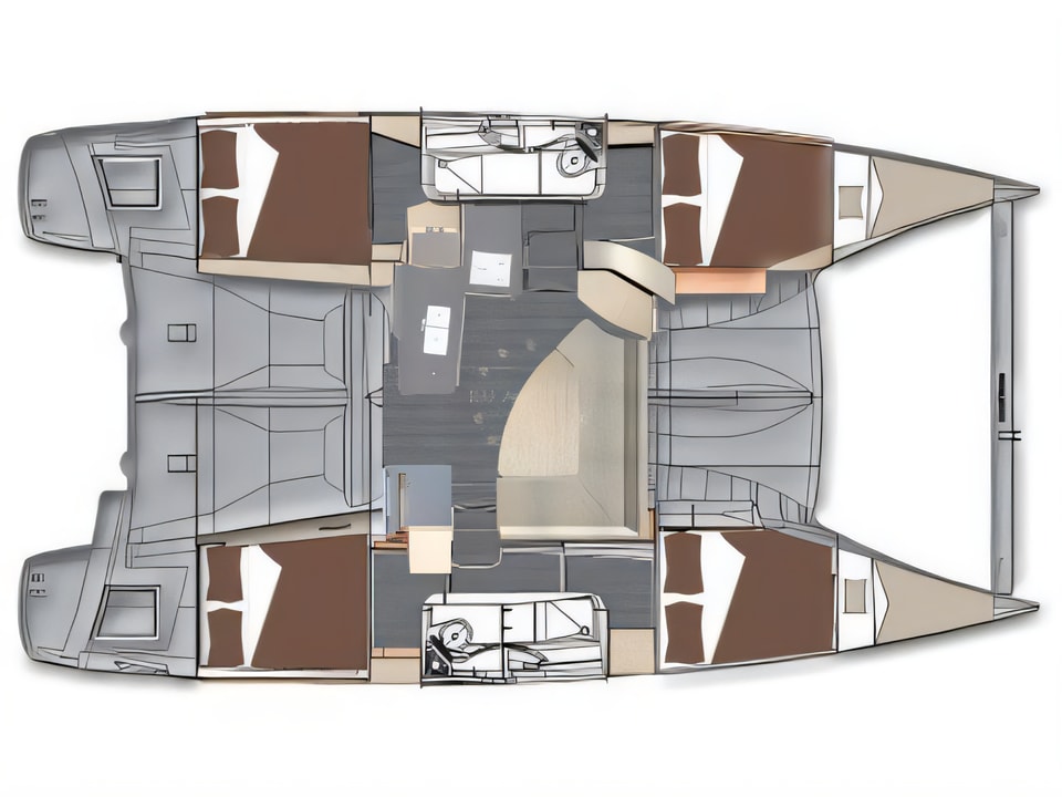 Layout of Lipari 41 (4 dbl, 2sgl) catamaran with 6 cabins Croatia yacht charter