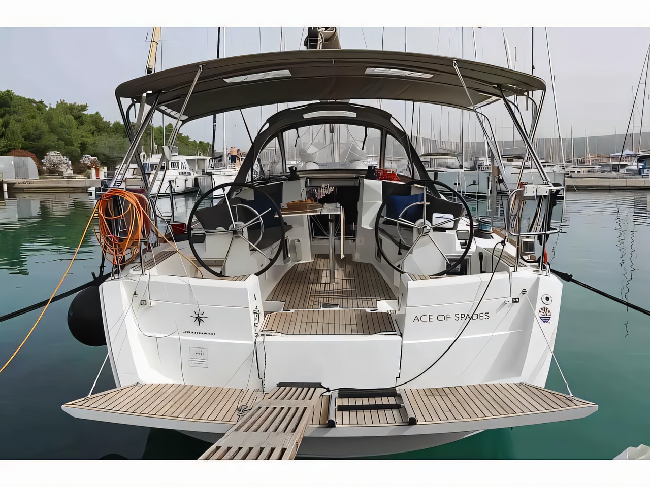 Exterior overview of Sun Odyssey 389 - 3 cabins sail boat for charter from Sukosan Marina Dalmacija in the Kornati sailing area Croatia