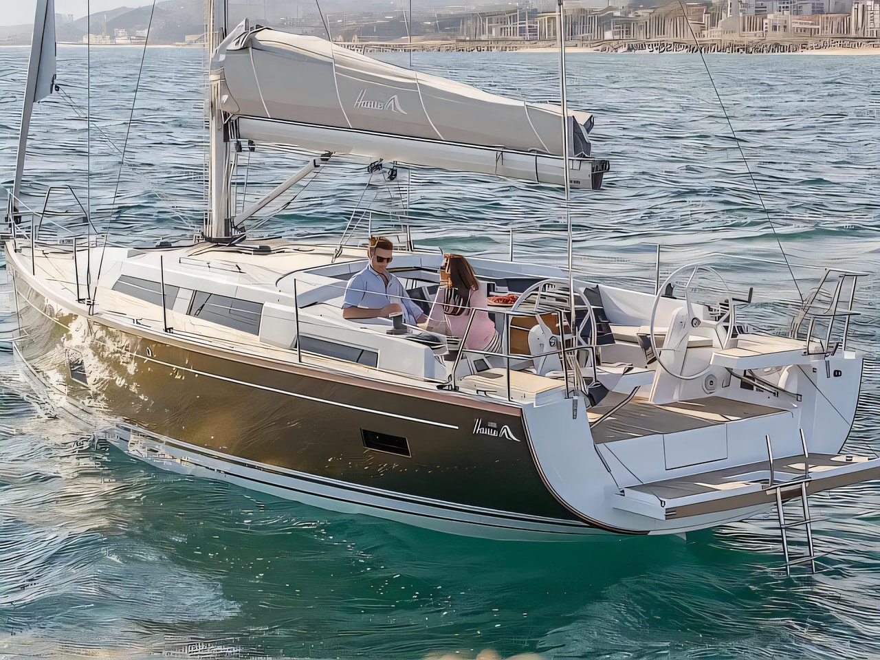 Exterior overview of Hanse 388 sail boat for charter from Murter Marina Betina in the Kornati sailing area Croatia