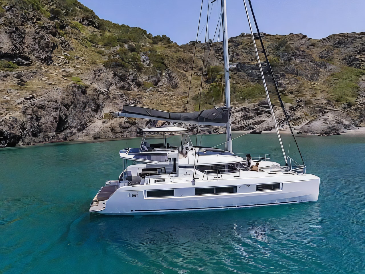 Exterior overview of Lagoon 51 catamaran for charter from Kastela Gomilica Marina in the Split sailing area Croatia