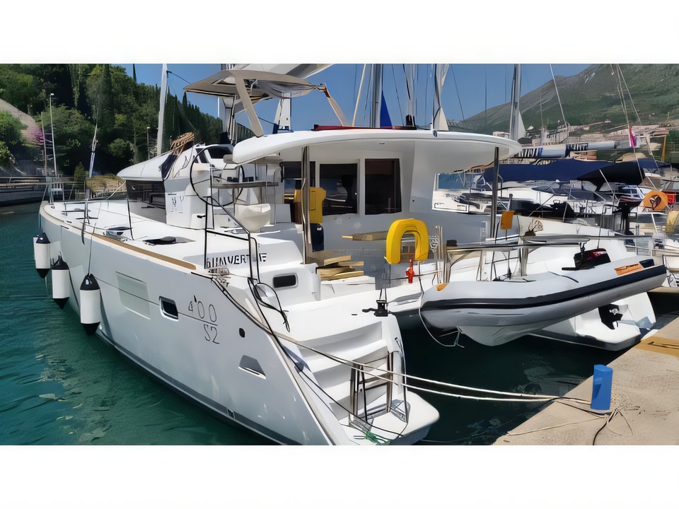 Exterior overview of Lagoon 400 S2 catamaran for charter from Dubrovnik ACI Marina in the Dubrovnik sailing area Croatia