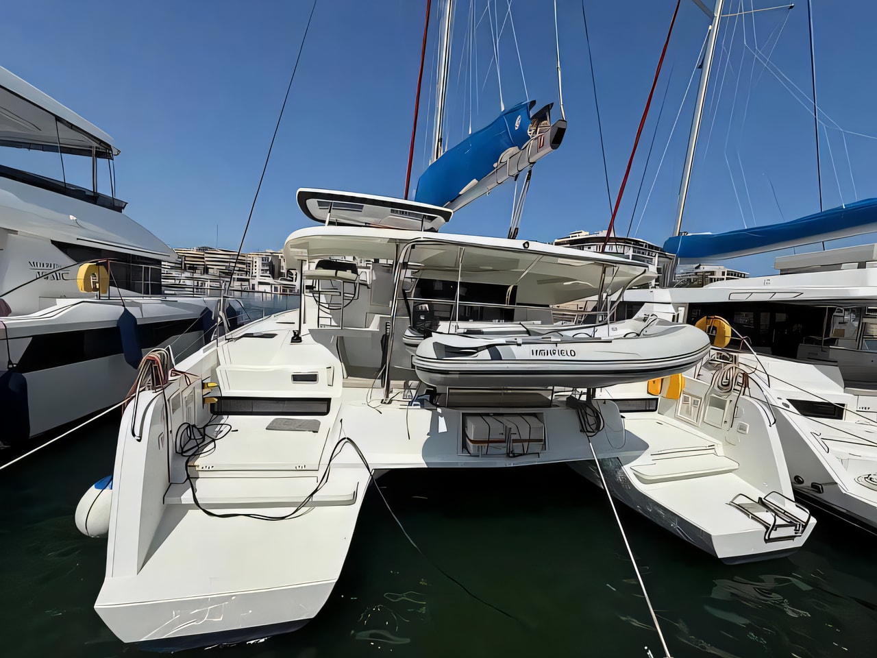 Exterior overview of Lagoon 42 catamaran for charter from Pula Marina Polesana in the Istria / Kvarner sailing area Croatia
