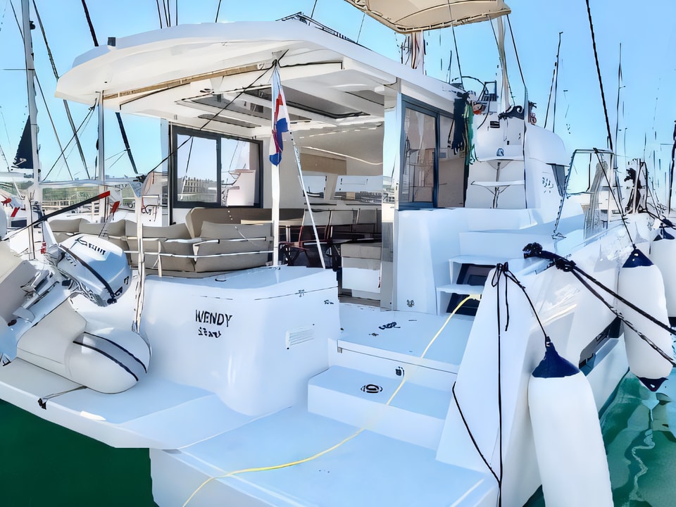Exterior overview of Bali 4.1 catamaran for charter from Sibenik Marina Mandalina in the Sibenik sailing area Croatia