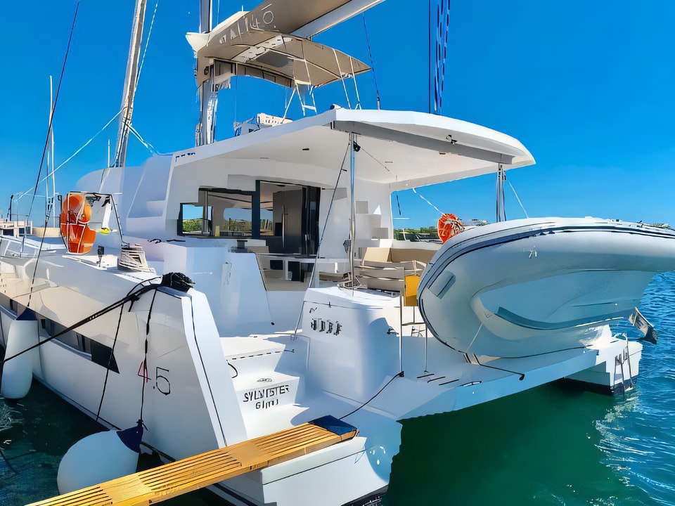 Exterior overview of Bali 4.5 catamaran for charter from Sibenik Marina Mandalina in the Sibenik sailing area Croatia