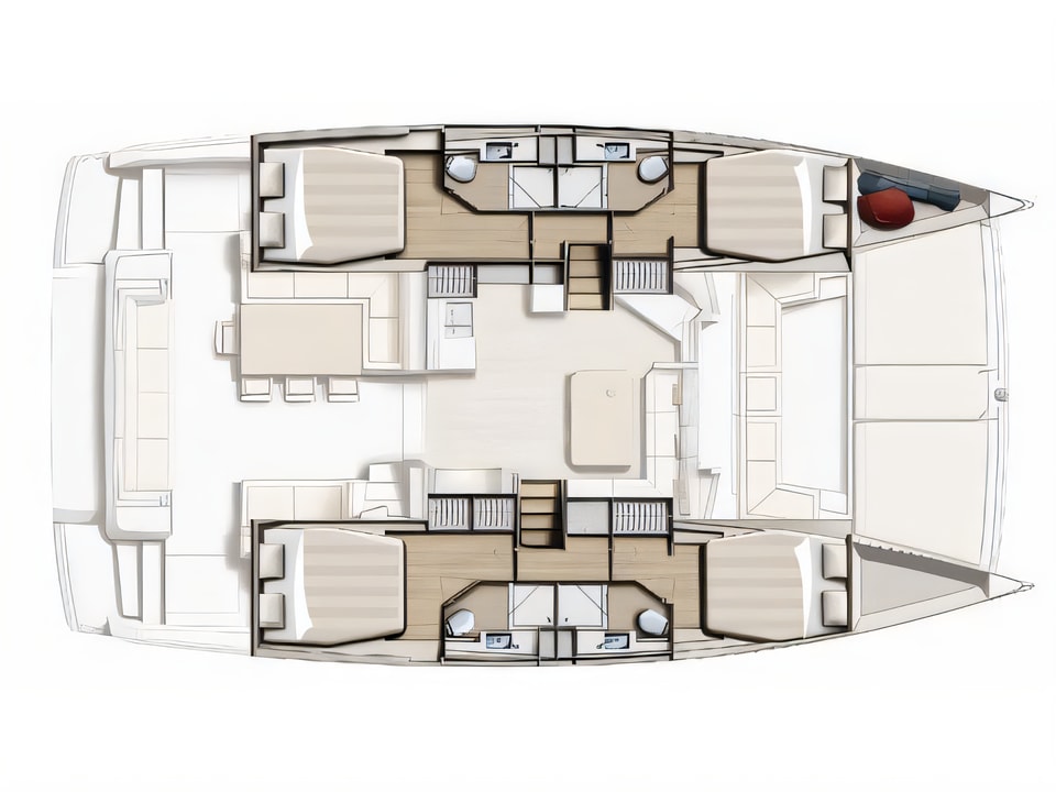 Layout of Bali 4.5 catamaran with 6 cabins Croatia yacht charter