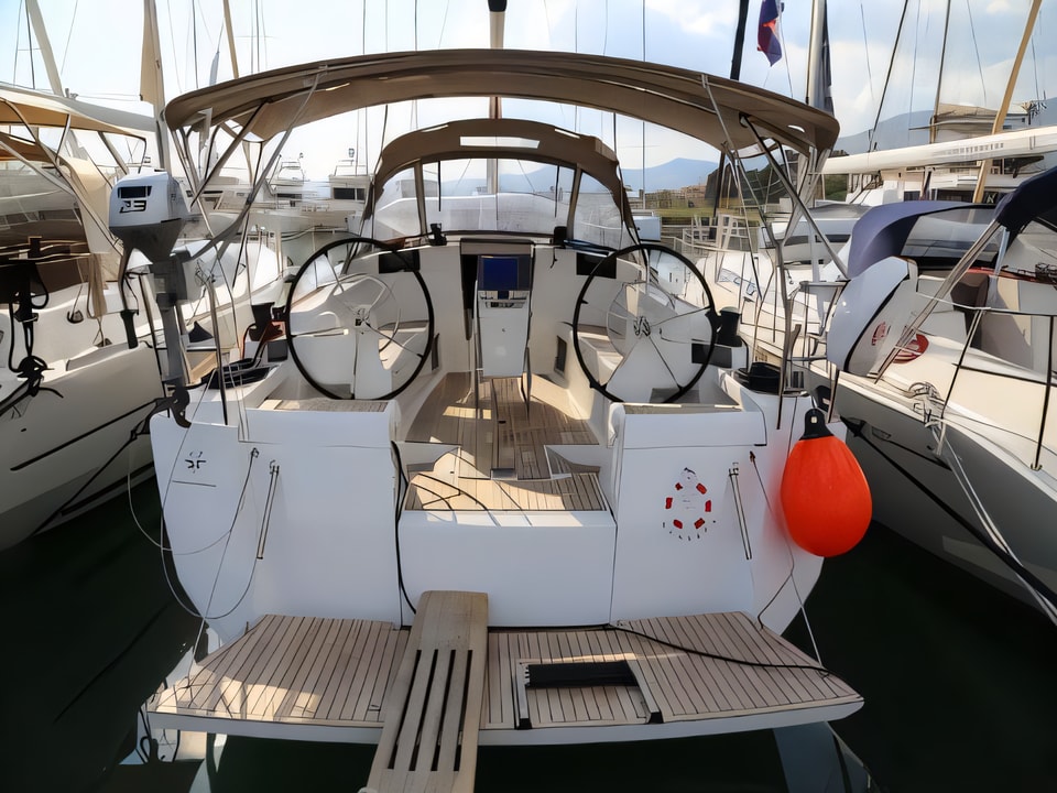 Exterior overview of Sun Odyssey 419 sail boat for charter from Kastela Gomilica Marina in the Sibenik sailing area Croatia