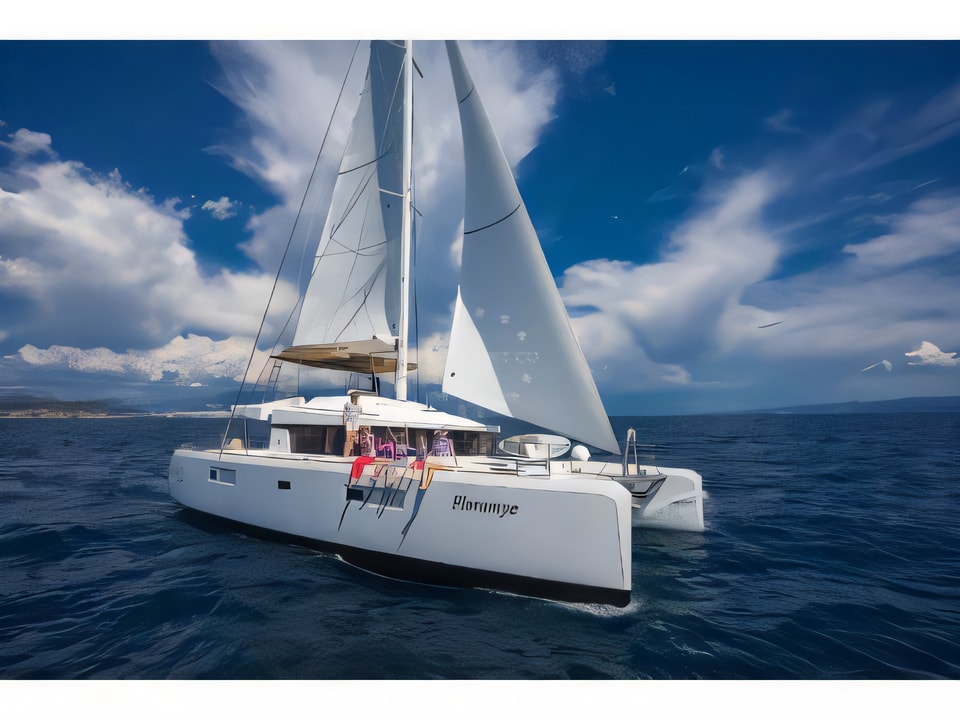 Exterior overview of Lagoon 52 equipped with generator, A / C (saloon+cabins), water maker, ice maker, underwater lights, 2 X S.U.P. , kayak, water ski, 8 snorkel. sets catamaran for charter from Split Marina Mornar in the Split sailing area Croatia