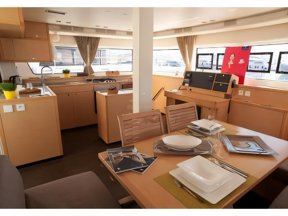 Interior of Lagoon 52 equipped with generator, A / C (saloon+cabins), water maker, ice maker, underwater lights, 2 X S.U.P. , kayak, water ski, 8 snorkel. sets catamaran with 5 cabins Croatia yacht charter