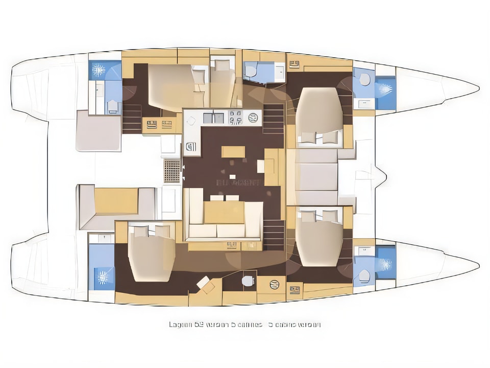 Layout of Lagoon 52 equipped with generator, A / C (saloon+cabins), water maker, ice maker, underwater lights, 2 X S.U.P. , kayak, water ski, 8 snorkel. sets catamaran with 5 cabins Croatia yacht charter
