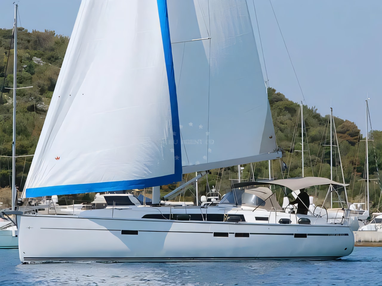 Exterior overview of Bavaria Cruiser 46 sail boat for charter from Rogoznica Marina Frapa in the Kornati sailing area Croatia