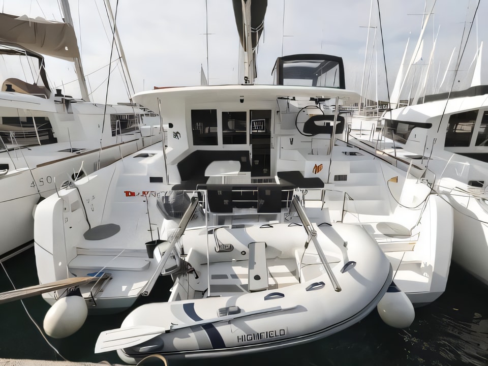 Exterior overview of Lagoon 40 catamaran for charter from Sukosan Marina Dalmacija in the Zadar sailing area Croatia